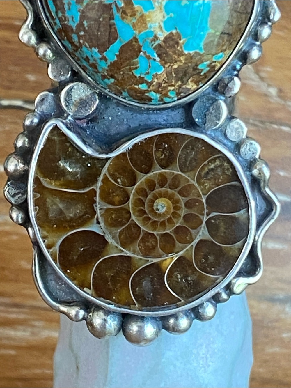 Fossil Ammonite & Turquoise Sterling Statement Ring - Picture 3 of 8